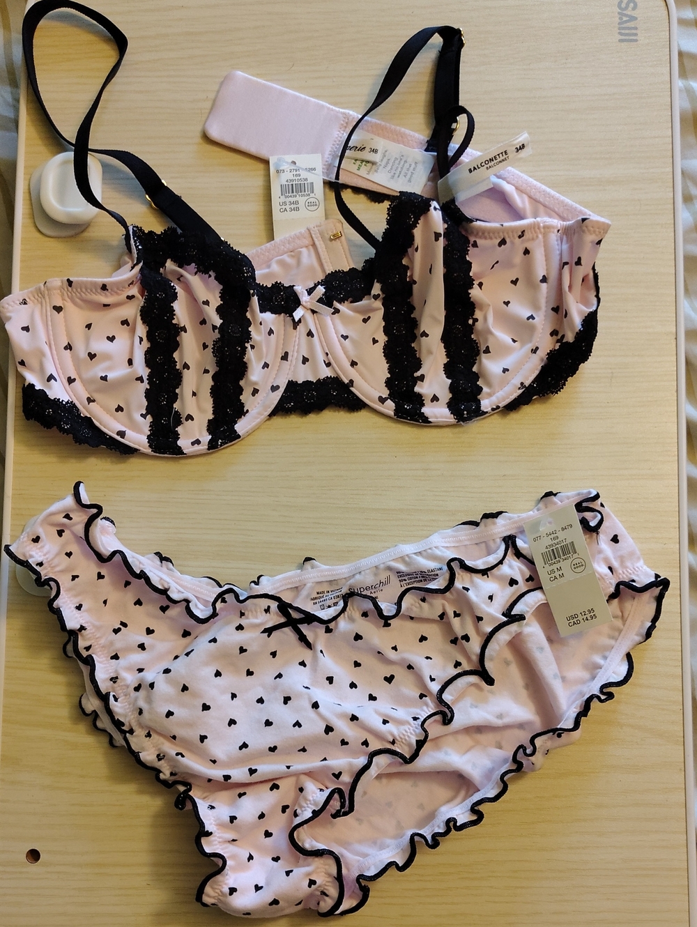 NWT Aerie Balconette Bra & Bikini Underwear Set - Pink with Black Hearts